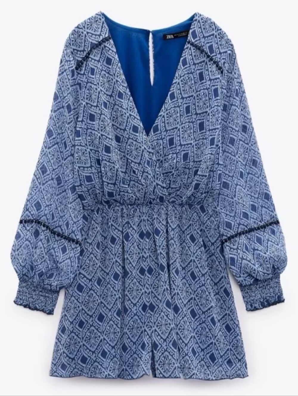 Zara Women's Blue Printed Long Sleeve Romper Elastic Waist Lined V Neck XS